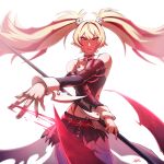  1girl absurdres animal_print axe bare_shoulders bat_print black_shirt black_skirt blonde_hair blood claret_flint commentary cowboy_shot detached_sleeves double-sided_axe floating_hair hair_ornament hair_ribbon highres holding holding_axe holding_weapon long_hair looking_at_viewer parted_lips print_thighhighs red_eyes red_ribbon ribbon shirt simple_background skirt solo sphere_hair_ornament thighhighs twintails weapon white_background white_thighhighs wurt08 zenless_zone_zero 