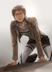  1boy all_fours blush brown_hair closed_mouth collared_shirt commentary_request hsg_(pm400) jean_kirstein looking_at_viewer male_focus paradis_military_uniform shingeki_no_kyojin shirt solo thigh_strap 