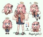  1girl :3 :d angel angel_wings anger_vein blue_background blue_skirt blush_stickers bow bowtie brown_cardigan brown_shoes buttons cardigan chibi closed_eyes closed_mouth collared_shirt color_guide commentary_request dot_nose flying full_body halo long_hair long_sleeves mary_janes multiple_views open_cardigan open_clothes open_mouth original pink_hair pleated_skirt red_bow red_bowtie shirt shoes simple_background skirt smile socks squeans standing uzumaki_osushi white_shirt white_socks white_wings wings 