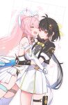  2girls adoptive_parent_and_adoptive_child aemeath_(wuthering_waves) black_hair black_jacket breasts closed_eyes closed_mouth commentary_request dress earrings female_rover_(perpetual_spark)_(wuthering_waves) female_rover_(wuthering_waves) hair_ornament highres hug hug_day jacket jewelry leotard long_hair medium_breasts mother_and_child mother_and_daughter multiple_girls one_eye_closed open_mouth orange_eyes parent_and_child pink_hair ponytail rover_(wuthering_waves) showgirl_skirt skirt smile starblame triangle_earrings white_dress white_leotard white_skirt wuthering_waves 