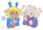  +++ ... 2girls :d ^_^ animal_ears annoyed antlers bead_necklace beads blonde_hair blue_eyeshadow blue_horns blue_shirt blush carol_holiday closed_eyes colored_speech_bubble cropped_torso deer_ears deer_girl deltarune eyeshadow fangs furry furry_female gaida goat_ears goat_girl goat_horns hand_puppet heart heart_necklace horns jewelry jitome laughing makeup multiple_girls necklace puppet purple_sweater reindeer_antlers shirt simple_background skin_fangs smile speech_bubble spoken_ellipsis sweater toriel utdr_(toby_fox) white_background 