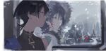  1boy bishounen black_bodysuit black_hair blood blood_on_face blue_cape blunt_ends bodysuit border cape cityscape closed_mouth coat commentary covered_collarbone dianshuiiiii different_reflection eyelashes eyeliner fatui_coat fur-trimmed_coat fur-trimmed_hood fur_trim genshin_impact glass highres hood hood_up makeup male_focus mandarin_collar overcast parted_lips purple_eyes red_eyeliner reflection scaramouche_(genshin_impact) scaramouche_(harbinger)_(genshin_impact) side_cape sideways_mouth single_bare_shoulder single_off_shoulder sky solo train_interior tsurime untranslatable_commentary wanderer_(genshin_impact) white_border white_coat white_hood white_mouth window wispy_bangs 
