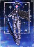  1girl absurdres aircraft black_sky blue_eyes blue_hair blue_sky bolt_action cape chainsaw_man cigarette full_body fyugins_png gun hat highres himeno_(chainsaw_man) holding holding_cigarette holding_gun holding_weapon knee_pads malorussian_liberation_army malorussian_liberation_army_flag military military_hat military_uniform propaganda remington_model_700 rifle russo-ukrainian_war scope sky smoking sniper_rifle solo space weapon 