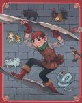  1boy absurdres belt belt_pouch black_eyes black_pants boots border brick_wall brown_belt brown_boots brown_hair brown_vest chilchuck_tims dungeon_meshi fingerless_gloves gloves grey_sleeves highres kui_ryouko official_art outside_border pants pouch red_border scan scarf shoes short_hair solo_focus vest 