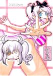  +_+ 2girls akimiyaiori artist_logo bikini black_ribbon blood blue_eyes blush breasts commentary_request eyepatch frills grey_hair hair_ornament hair_ribbon hibari_(senran_kagura) highres large_breasts logo long_hair looking_at_viewer marker_(medium) multiple_girls nosebleed open_mouth pink_hair ribbon senran_kagura short_twintails shuriken shuriken_hair_ornament simple_background smile striped_bikini striped_clothes swimsuit traditional_media twintails weapon white_background yagyu_(senran_kagura) 