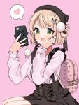  1girl :d backpack bag beret black_headwear black_ribbon blonde_hair braid corset frilled_shirt frills green_eyes hair_ornament hand_on_own_cheek hand_on_own_face hands_up hat hat_ribbon heart highres holding holding_phone indie_virtual_youtuber looking_at_phone moenaomii_(artist) open_mouth phone pink_background pink_bag pink_shirt pom_pom_(clothes) pom_pom_hair_ornament ribbon shigure_ui_(vtuber) shirt short_hair simple_background skirt smile solo spoken_heart suspender_skirt suspenders virtual_youtuber 