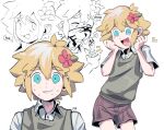  1boy absurdres basil_(omori) blonde_hair blue_eyes blush closed_eyes english_text flower hair_flower hair_ornament highres looking_at_viewer omori open_mouth parted_lips partially_colored remi_(mozzaremi) shears short_hair smile solo speech_bubble spoilers sweat 