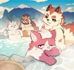  4boys animal_ears awa_(ninkaido)_(tamacolle) belly blue_sky blush bucket bungo_(tamacolle) cat_boy cat_ears cat_tail chibi chibi_only chikuzen_(tamacolle) closed_eyes closed_mouth cloud commentary fang fang_out fat fat_man furry furry_male looking_at_another looking_at_viewer male_focus mountain multiple_boys navel nipples onsen open_mouth raccoon_boy raccoon_ears raccoon_tail sky smile tail tamacolle topless_male towel towel_around_neck towel_around_waist untranslatable_commentary whiskers wooden_bucket yamashiro_(tamacolle) zhaowaaa 