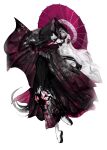  1boy androgynous arched_back black_coat black_eyes black_gloves black_hair black_hakama black_haori black_kimono burn_scar call_of_cthulhu coat commentary_request crossdressing crossdressing_(mtf) empty_eyes en_pointe floral_print floral_print_hakama flower folding_fan full_body gloves gradient_clothes gradient_coat hair_flower hair_ornament hair_over_one_eye hakama hand_fan haori highres holding holding_fan japanese_clothes kimono long_coat long_hair long_sleeves looking_at_viewer male_focus oil-paper_umbrella one_eye_covered parted_lips ponytail print_hakama print_haori red_coat red_flower red_haori red_umbrella sandals scar scar_on_arm scar_on_face see-through_clothes see-through_veil shiki_okuri simple_background smile socks solo spider_lily syaaaaneeeyona tabi umbrella veil very_long_hair white_background white_socks white_veil wide_sleeves zouri 