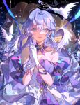  1girl absurdres bare_shoulders bird blue_hair breasts collar detached_sleeves dove dress earrings elbow_gloves gloves green_eyes hair_between_eyes halo head_wings highres honkai:_star_rail honkai_(series) jewelry long_hair looking_at_viewer mikuma2606 pink_lips purple_collar purple_dress purple_sleeves robin_(honkai:_star_rail) smile solo upper_body white_dress white_gloves white_wings wings 