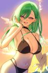  1girl :d absurdres backlighting bare_shoulders bikini black_bikini black_choker braid breasts choker cleavage cloud commentary dusk ear_piercing earrings green_hair hand_up hatori_naco highres jewelry large_breasts long_hair looking_at_viewer mole mole_on_breast multi-strapped_bikini_bottom nail_polish navel offering_hand open_mouth orange_sky outdoors parted_bangs piercing purple_eyes purple_nails sky smile solo spaghetti_strap stomach swimsuit triangle_earrings untranslatable_commentary virtual_youtuber vspo! yakumo_beni 