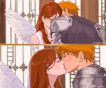  1boy 1girl armor bleach blurry blurry_background brown_hair closed_eyes commentary cosplay couple derivative_work dress feathered_wings hair_ornament hetero highres inoue_orihime juliet_capulet juliet_capulet_(cosplay) kiss kurosaki_ichigo luvlyroseve multiple_views orange_hair parted_bangs pauldrons romeo_montague romeo_montague_(cosplay) romeo_x_juliet short_hair shoulder_armor sleeveless sleeveless_dress snowflake_hair_ornament spiked_hair twitter_username upper_body white_dress white_wings window wings 