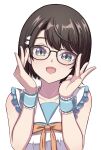  1girl black-framed_eyewear black_hair blue_eyes blue_sailor_collar commentary_request glasses hair_ornament hairclip highres hololive looking_at_viewer official_alternate_costume oozora_subaru oozora_subaru_(school_uniform) open_mouth sailor_collar shirt short_hair sleeveless sleeveless_shirt smile solo sora-wo-tomo virtual_youtuber white_background white_shirt 
