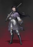  1girl adapted_costume akemi_homura akemi_homura_(magical_girl) arm_shield armor armored_dress black_boots black_gloves black_hair boots buckler cuirass dress full_body gloves gradient_background gun hand_jewel highres lips looceyloo magical_musket_(madoka_magica) mahou_shoujo_madoka_magica mahou_shoujo_madoka_magica_(anime) shield solo soul_gem_(madoka_magica) weapon 