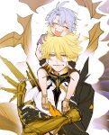  2boys aged_down antenna_hair armor artist_name asymmetrical_wings black_bridal_gauntlets black_gloves blonde_hair bridal_gauntlets brown_shorts carrying cheek_pinching child clenched_hand closed_eyes collarbone commentary_request cracked_skin crossed_arms crossed_bangs diamond-shaped_pupils diamond_(shape) dual_persona fingerless_gloves full_body gauntlets gladiator_sandals gloves grey_hair hair_between_eyes half-closed_eyes halo halo_behind_head happy highres honkai:_star_rail honkai_(series) jewelry long_hair_between_eyes looking_at_another male_focus multiple_boys neck_ring official_alternate_costume open_mouth pauldrons phainon_(a_dream_scented_in_wheat)_(honkai:_star_rail) phainon_(honkai:_star_rail) phainon_(khaslana)_(honkai:_star_rail) piggyback pinching purple_shirt sakae_0_0 sandals shirt short_hair short_sleeves shorts shoulder_armor simple_background single_gauntlet single_pauldron sitting smile symbol-shaped_pupils teeth toenails upper_body v-shaped_eyebrows white_background wings yellow_eyes yellow_halo yellow_sandals 