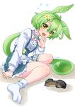  1girl black_shoes blue_skirt blush center_frills commentary_request flower flying_sweatdrops frilled_skirt frilled_thigh_strap frills full_body green_hair hair_flower hair_ornament highres long_hair long_sleeves looking_at_viewer low_ponytail open_mouth pea_pod ponytail ralico shirt shoes simple_background sitting skirt smile socks solo suspender_skirt suspenders thigh_strap unworn_shoes voiceroid voicevox waitress waitress_zundamon wariza white_background white_flower white_shirt white_socks zundamon 