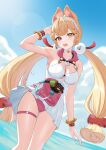  1girl absurdres alice_thymefield alice_thymefield_(sea_of_thyme) animal_ear_fluff animal_ears armpits bare_shoulders blonde_hair bracelet braid breasts choker cleavage cloud commentary_request dress dress_swimsuit fanny_pack fingernails hairband hand_on_own_head heterochromia highres ituka_kanau jewelry long_hair open_mouth outdoors panties pink_panties pleated_dress red_eyes shy solo standing swimsuit thigh_strap twintails underwear wading water white_choker white_hairband yellow_eyes zenless_zone_zero 