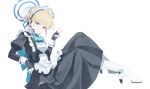  1girl absurdres apron aqua_bow aqua_bowtie black_dress black_gloves blonde_hair blue_archive blue_eyes blue_halo boots bow bowtie bun_cover chinese_commentary commentary_request dress earpiece fanshuimucishen fingerless_gloves gloves hair_bun halo high_heel_boots high_heels highres looking_at_viewer partial_commentary simple_background solo toki_(blue_archive) v white_apron white_background white_boots white_headdress 