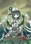  1girl anchor black_hair boat chain commentary_request disembodied_hand green_eyes grey_sky hat highres kneehighs ladle medium_hair mitsusame murasa_minamitsu oar ocean open_hands pile_of_skulls rowboat sailor_collar sailor_hat sailor_shirt shirt shorts sitting sky socks solo touhou water watercraft waves white_hat white_shirt white_shorts white_socks 