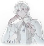  1boy board_game braid chaldea_logo chaldea_staff_uniform chess chess_piece closed_mouth coat commentary_request curtained_hair elbow_rest fate/grand_order fate_(series) gjtthflmaster grey_eyes grey_trim hair_behind_ear hair_between_eyes hair_over_shoulder hands_up holding holding_chess_piece korean_commentary light_smile long_hair long_sleeves looking_at_object looking_down male_focus marisbury_animusphere parted_bangs single_braid solo white_background white_coat white_hair 