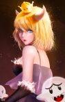  1girl bare_shoulders black_dress black_gloves blonde_hair blue_eyes boo_(mario) bowsette breasts closed_mouth commentary crown dress elbow_gloves english_commentary fangs fangs_out fur-trimmed_dress fur-trimmed_gloves fur_trim gloves hair_between_eyes highres horns light_particles looking_at_viewer mario_(series) medium_breasts medium_hair mini_crown new_super_mario_bros._u_deluxe razaras signature sleeveless sleeveless_dress solo super_crown white_horns 