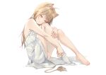  1girl absurdres ahoge animal_ears bangs bare_arms bare_shoulders barefoot blonde_hair breasts dress feet full_body hair_between_eyes highres indie_virtual_youtuber lion_ears lion_tail long_hair looking_at_viewer luren_dog rurudo_lion shirt simple_background single_sock sitting sleeveless sleeveless_shirt small_breasts socks solo tail underwear virtual_youtuber white_dress white_socks yellow_eyes 