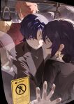  2boys 2girls :t absurdres against_glass alternate_costume alternate_hairstyle aqua_eyes black_hair black_jacket black_shirt black_skirt black_sleeves blonde_hair blunt_ends bright_pupils clenched_teeth closed_mouth contemporary crowded crystal_earrings curtained_hair earrings eyeliner formal_clothes gem genshin_impact gold_earrings hair_between_eyes hair_intakes height_difference highres jacket jewelry kabedon kwy_(kwywii) lapels long_sleeves looking_at_viewer looking_back lumine_(genshin_impact) makeup medium_hair mona_(genshin_impact) multiple_boys multiple_girls necklace nervous_sweating notched_lapels open_clothes open_hand open_jacket orange_hair pencil_skirt purple_eyes purple_hair red_eyeliner red_gem red_shirt red_sleeves ribbed_shirt scaramouche_(genshin_impact) see-through_body shirt sidelocks silver_necklace skirt star_(symbol) star_earrings suit_jacket sweat tartaglia_(genshin_impact) teeth train_interior tsurime white_pupils white_shirt window 