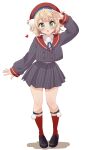  1girl absurdres blonde_hair blunt_bangs blush braid breasts commentary_request green_eyes hair_ornament hair_rings hat highres indie_virtual_youtuber long_sleeves looking_at_viewer open_mouth pom_pom_(clothes) pom_pom_hair_ornament r_amaji shigure_ui_(1st_costume)_(vtuber) shigure_ui_(vtuber) shirt short_hair side_part side_up_ring skirt solo virtual_youtuber white_shirt 