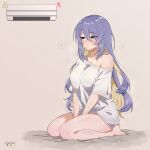  1girl absurdres air_conditioner barefoot bed_sheet between_legs blonde_hair breasts colored_inner_hair commentary english_commentary full_body gradient_eyes grey_background hair_between_eyes hand_between_own_legs highres hololive hololive_indonesia horisu_(kholiskun) large_breasts long_hair moona_hoshinova multicolored_eyes multicolored_hair no_pants paid_reward_available purple_eyes purple_hair seiza shirt simple_background single_off_shoulder sitting solo t-shirt two-tone_hair very_long_hair virtual_youtuber white_shirt yellow_eyes 