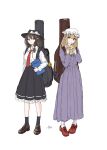  2girls absurdres asymmetrical_sidelocks black_hat black_skirt black_socks blonde_hair bow brown_eyes brown_shoes collared_dress collared_shirt commentary_request contrast_collar doll dress frown full_body guitar_case hair_bow hat hat_bow highres holding holding_doll holding_notebook instrument_case kashiwada_kiiho loafers long_hair long_sleeves looking_at_viewer maribel_hearn medium_hair mob_cap multiple_girls neck_ribbon necktie notebook purple_dress red_necktie red_ribbon red_shoes ribbon shirt shoes sidelocks simple_background skirt smile socks touhou usami_renko white_background white_bow white_shirt white_socks yellow_eyes 