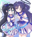  2girls :d ;) arisu_(blue_archive) bangs black_eyes black_hair blue_archive blue_eyes choker collarbone commentary_request detached_sleeves frilled_skirt frills hair_between_eyes halo heart heart_hands highres idol idol_clothes long_hair long_sleeves looking_at_viewer multiple_girls official_alternate_costume one_eye_closed pleated_skirt side_ponytail sidelocks simple_background skirt smile two-tone_background two_side_up yuu2 yuuka_(blue_archive) 