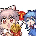  2girls :o bangs blue_dress blue_eyes blue_hair bow cirno collared_shirt dress flat_chest food french_fries fujiwara_no_mokou hair_bow hime_cut ice ice_wings jokanhiyou long_dress long_hair lowres mcdonald&#039;s meme multiple_girls neck_ribbon pinafore_dress pointing red_eyes red_ribbon ribbon shirt short_hair sidelocks simple_background sleeve_garter sleeves_rolled_up suspenders touhou two_soyjaks_pointing_(meme) very_long_hair white_background white_bow white_hair white_shirt wings 