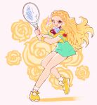  1girl absurdres big_hair blonde_hair green_skirt highres holding holding_tennis_racket kiryuu_nanami long_hair purple_eyes racket shirt shoes shoujo_kakumei_utena skirt solo sportswear tennis_racket tennis_uniform tokaii24 yellow_shirt yellow_shoes 