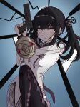  1girl absurdres akemi_homura akemi_homura_(cosplay) akemi_homura_(magical_girl) alternate_costume arm_shield black_hair black_pants blue_background closed_mouth collared_shirt commentary_request contrast_collar cosplay glock grey_eyes gun handgun hands_up highres holding holding_gun holding_weapon kurobe_nanoka long_hair long_sleeves looking_at_viewer magical_girl mahou_shoujo_madoka_magica mahou_shoujo_madoka_magica_(anime) mahou_shoujo_no_majo_saiban pants plaid_clothes plaid_collar plaid_skirt shirt skirt solo springzeon time_tunnel_(madoka_magica) twintails two-handed weapon white_shirt 