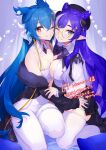  2girls anntan anntan_(vtuber) black_jacket black_skirt blue_eyes blue_hair blue_nails breasts breasts_squeezed_together camisole cleavage cloud9 collar commentary constellation crescent crescent_hair_ornament crop_top dragon_girl dragon_horns english_commentary grey_horns hair_horns hair_ornament highres horns indie_virtual_youtuber jacket large_breasts long_hair looking_at_viewer medium_breasts multiple_girls one_eye_closed pants pointy_ears purple_hair red_eyes red_nails shirt skirt smile thick_thighs thighs vienna_(1st_costume)_(vtuber) vienna_(vtuber) virtual_youtuber white_camisole white_collar white_pants white_shirt 