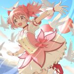  1girl :d balloon bird blue_sky blush bow bow_choker bubble_skirt buttons choker cloud commentary_request cowboy_shot day dove dress dress_bow frilled_sleeves frills gloves hair_bow highres kaname_madoka kaname_madoka_(magical_girl) looking_at_viewer magical_girl mahou_shoujo_madoka_magica mahou_shoujo_madoka_magica_(anime) open_mouth outdoors outstretched_arm pink_bow pink_dress pink_eyes pink_hair red_choker red_shoes reno_3tomato shoes short_dress short_hair short_sleeves short_twintails skirt sky smile socks solo soul_gem_(madoka_magica) twintails white_bird white_gloves white_skirt white_socks 