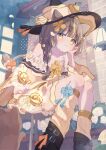  1girl animal_ears bare_shoulders black_boots black_hat blonde_streaks bloomers blunt_bangs blush boots bow braid brown_hair cat_ears cat_girl cat_tail closed_mouth commentary dress ears_through_headwear feet_out_of_frame hat head_rest highres kneehighs long_hair looking_at_viewer multicolored_hair off-shoulder_dress off_shoulder original sitting socks solo streaked_hair tail tail_bow tail_ornament tsukumi_bis untranslatable_commentary white_bloomers witch_hat yellow_dress yellow_eyes yellow_socks 