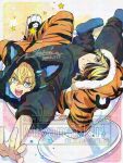  2boys animal_costume animal_hands animal_hood animal_print aqua_eyes black_hair blonde_hair cat_costume cat_hood commentary_request cup earrings hair_over_one_eye hanemiya_kazutora heavy_adversarial_noise hood in_container in_cup jewelry kigurumi long_sleeves looking_at_viewer male_focus matsuno_chifuyu miyama_kiri mole mole_under_eye multicolored_hair multiple_boys open_mouth orange_fur sherbet_glass short_hair single_earring smile star_(symbol) tail tiger_costume tiger_hood tiger_paws tiger_print tiger_stripes tiger_tail tokyo_revengers tokyo_revengers_pazuribe! two-tone_hair yellow_eyes 