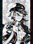  1boy capelet commentary_request deerstalker earrings gem grin hair_over_one_eye hanemiya_kazutora hat heavy_adversarial_noise jewelry long_sleeves looking_at_viewer male_focus miyama_kiri mole mole_under_eye monochrome multicolored_hair newsboy_cap ribbon single_earring smile star_(symbol) star_print tokyo_revengers tokyo_revengers_pazuribe! two-tone_hair upper_body wolf_cut 
