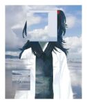  1girl absurdres black_hair black_shirt blue_sky border carmen_(project_moon) censored censored_identity cloud coat collared_shirt commentary english_text facing_viewer highres lab_coat lobotomy_corporation medium_hair merrifort_07 mixed_media one_side_up photo_(medium) project_moon shirt sky solo straight-on untranslatable_commentary white_coat 