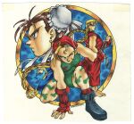  1990s_(style) 1boy 2girls :p arm_behind_back arm_support artist_name barefoot beret black_boots blonde_hair blue_eyes blue_shirt bodypaint boots braid breasts brown_eyes brown_hair bun_cover cammy_white chun-li dated double_bun dougi earrings fingerless_gloves furusawa_jun'ya gloves green_leotard hair_bun hat jewelry karate_gi ken_masters leaning_forward leotard long_hair looking_ahead looking_at_viewer looking_to_the_side marker_(medium) martial_arts_belt medium_breasts multiple_girls on_one_knee one_eye_closed outside_border parted_lips red_hat red_socks retro_artstyle rounded_corners scar scar_on_cheek scar_on_face shirt short_hair smile socks standing street_fighter stud_earrings third-party_source toned toned_female tongue tongue_out traditional_media twin_braids very_long_hair 