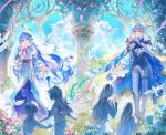  1boy 1girl absurdres alternate_costume aqua_eyes bird blue_cape blue_hair blue_sky blue_vest breasts brother_and_sister cape character_name cleavage cleavage_cutout clothing_cutout cloud commentary_request dandan_27 dress english_text falling_petals flower frilled_sleeves frills full_body grey_hair grey_pants halo halo_behind_head hand_on_own_chest head_wings highres honkai:_star_rail honkai_(series) long_dress long_hair long_sleeves medium_breasts open_mouth pants parted_lips petals robin_(honkai:_star_rail) see-through_clothes see-through_veil shirt siblings sky smile spiked_halo statue sunday_(honkai:_star_rail) veil very_long_hair vest white_bird white_dress white_shirt white_wings wings yellow_eyes 