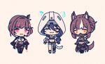  3girls animal_ears ankle_socks armband asymmetrical_bodysuit asymmetrical_clothes asymmetrical_hair asymmetrical_legwear baggy_pants belt black_belt black_bodysuit black_boots black_gloves black_hair black_jacket black_pants black_socks black_thighhighs black_tube_top blue_eyes body_markings bodysuit boots braid bright_background brown_hair brown_tail buckle catsuit chest_harness chibi chibi_only chisaka_airi chisaka_airi_(codename:_gambler) cleavage_cutout closed_mouth clothing_cutout collar collared_bodysuit commentary covered_navel criss-cross_strings cyber_fashion cyborg dolphin_shorts elbow_gloves english_commentary erina_makina erina_makina_(codename:_automaton) eyewear_on_head fangs film_grain fingerless_gloves garter_straps genieart gloves glowing_markings grey_shorts hair_bun hair_ornament hair_tie half_up_braid harness headgear headset heart heterochromia himemiya_rie himemiya_rie_(codename:_royal) holographic_ears hood hood_up hooded_jacket jacket jacket_on_shoulders knee_brace kneehighs kunai long_hair long_sleeves looking_at_viewer mask microphone midriff mole mole_under_eye mouth_mask multicolored_bodysuit multicolored_hair multiple_girls navel ninja_mask o-ring o-ring_garter_straps o-ring_top official_alternate_costume official_alternate_hairstyle one_eye_covered open_clothes open_jacket pants phase_connect pink_armband pink_belt pink_eyes pink_streaks puffy_long_sleeves puffy_sleeves safety_glasses secret_agent see-through_clothes see-through_midriff see-through_sleeves shoes short_hair short_shorts shorts side_cutout side_ponytail sidelocks simple_background single_garter_strap single_hair_bun single_kneehigh single_leg_bodysuit single_side_bun single_sock single_thighhigh skin_fangs smile snap-fit_buckle sneakers socks strapless streaked_hair tail thigh_strap thighhighs tiger_girl tiger_tail triangle_o-ring tube_top two-tone_bodysuit underbust virtual_youtuber waist_cape weapon white_belt white_bodysuit white_collar white_jacket white_shoes white_socks white_tail white_tiger_print windbreaker wolf_ears wolf_girl wolf_tail yellow_eyes 