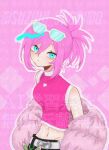  1girl alternate_costume alternate_hairstyle artist_name aubrey_(faraway)_(omori) aubrey_(omori) blue-tinted_eyewear blue_eyes closed_mouth commentary crop_top double-parted_bangs eyewear_on_head hair_between_eyes looking_at_viewer navel omori pink_hair short_hair sidelocks sleeveless solo sunglasses suzuki_jagaimo tinted_eyewear twitter_username untranslatable_commentary watermark white-framed_eyewear 