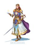  1girl armor armored_boots armored_dress blue_eyes boots brown_hair commentary cuirass dress earrings elbow_gloves english_commentary forehead_jewel full_body gloves hair_over_shoulder hair_ribbon highres jewelry long_hair long_skirt looceyloo pauldrons pointy_ears princess_zelda ribbon shoulder_armor sidelocks skirt solo sword the_legend_of_zelda the_legend_of_zelda:_twilight_princess tiara triforce weapon white_gloves 