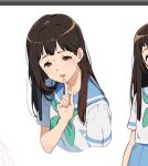  1girl alternate_hairstyle bangs blue_sailor_collar blush brown_hair green_neckerchief hand_up hibike!_euphonium index_finger_raised kamo_kamen kitauji_high_school_uniform long_hair looking_at_viewer mole mole_under_eye multiple_views nakaseko_kaori neckerchief open_mouth red_eyes sailor_collar school_uniform serafuku shirt short_sleeves smile white_background white_shirt 