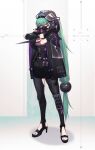  1girl aqua_hair arm_guards belt black_nails black_skirt cloak clothing_cutout commentary fingerless_gloves full_body gloves gold_knee_pads high_heels highres holding holding_kunai holding_weapon hood hooded_cloak kunai long_hair looking_at_viewer low-tied_long_hair mask mouth_mask original purple_belt red_eyes side_slit skirt solo standing thighhighs u_tei untranslatable_commentary utility_belt very_long_hair weapon white_background 