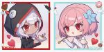  2girls android animal black_cat black_jacket blue_border blue_flower border cake cake_slice candy cassia_(artist) cat character_name chibi chibi_only chinese_commentary clothing_cutout commentary_request cytus cytus_ii dark-skinned_female dark_skin dessert donut dress flower food hair_flower hair_ornament highres holding holding_plate holding_spoon hood hood_up hooded_jacket horned_hood horns ice_cream ivy_(cytus) jacket medium_hair metal_skin multiple_girls pink_hair plate red_border red_eyes red_horns red_trim short_hair shoulder_cutout skin_seams spoon upper_body vanessa_(cytus_ii) watermark weibo_watermark white_cat white_hair yellow_dress 