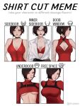  1girl ada_wong b00ba_cat bare_arms bare_shoulders black_choker black_hair bra breasts chest_harness choker cleavage cleavage_cutout closed_mouth clothing_cutout collared_shirt commentary_request crop_top derivative_work dress glasses harness highres large_breasts mandarin_collar meme midriff multiple_drawing_challenge multiple_views open_clothes open_shirt parted_bangs red_bra red_dress resident_evil resident_evil_2 resident_evil_2_(remake) resident_evil_4 resident_evil_4_(remake) shirt shirt_cut_meme short_hair sleeveless sleeveless_dress solo turtleneck turtleneck_dress underboob underwear upper_body white_shirt 