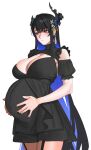  1girl alternate_costume arichuu_u asymmetrical_horns autumn_leaves black_dress black_hair black_horns black_nails blue_hair breasts colored_inner_hair commentary demon_horns dress english_commentary highres hololive hololive_english horns large_breasts leaf long_hair multicolored_hair nerissa_ravencroft pregnant red_eyes smile solo uneven_horns very_long_hair virtual_youtuber 